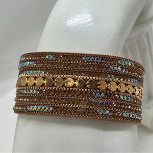 Saachi, Suede, Gold, Blue AB & Tan Crystal Wide Bracelet, Magnetic, NIB